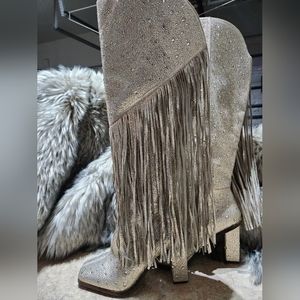 Jessica Simpson Asire Fringe Western Boot Champagne Shimmer Sand-Rhinestone 8.5
